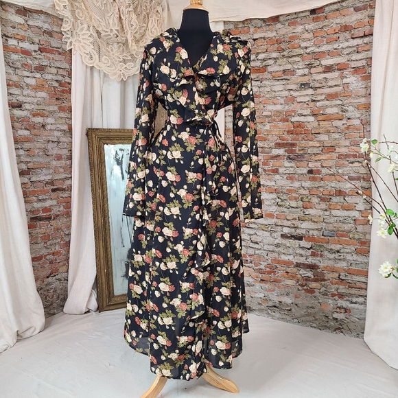 Vintage 1990's Floral Wrap Dress Witch Goddess Flowy Fall Roses 2000's - Picture 1 of 14